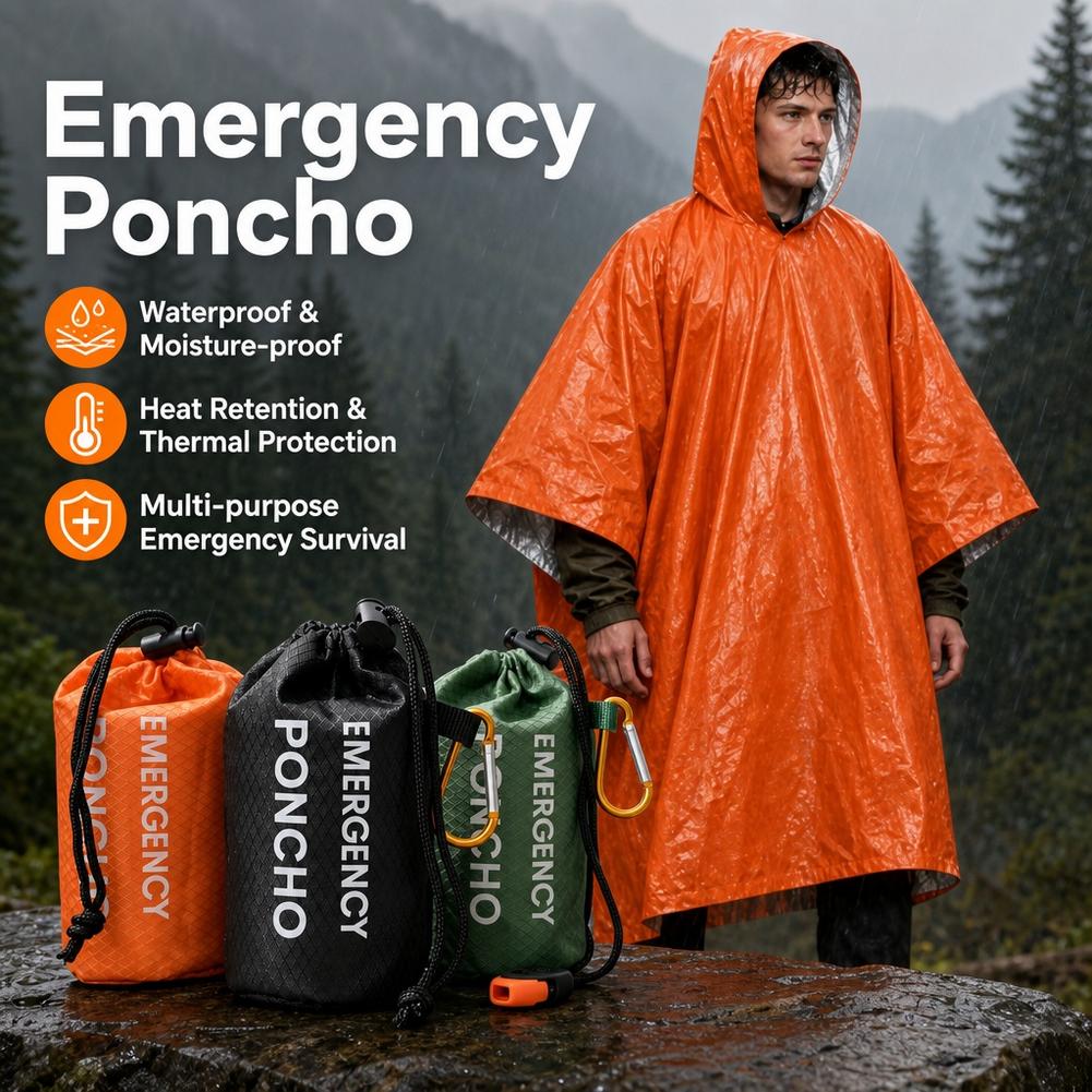 Camping Rain Poncho - 携帯用緊急用レインポンチョキット。防水フード付きレインコート、レインカバー、ポーチ、ホイッスル、カラビナ付き。キャンプやハイキングに最適。