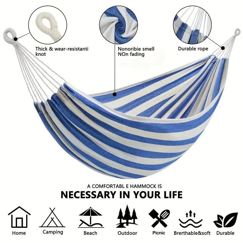 Bed Outdoor Camping - キャンバス製木製スティックハンモック屋外キャンプ用吊り下げベッド屋内子供用スイング厚みのあるストライプハンモック付き転倒防止機能付き
