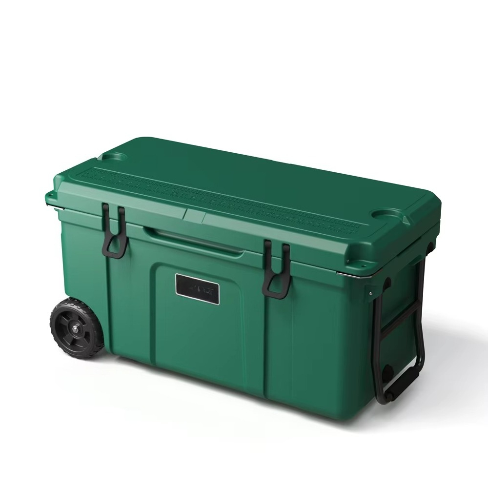 Outdoor Camping Trolley - 70QTカスタムロゴ入りランチ用断熱ロトモールドプラスチック製アイスチェストトロリーキューラーボックス、車キャンプ用ホイール付き屋外用