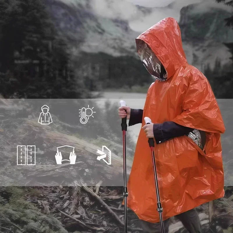 Camping Rain Poncho - フード付きの緊急用レインポンチョ。防水性・防寒性に優れ、アルミニウムコーティングされた裏地が付いています。キャンプ用のサバイバル緊急用ブランケットとしても使用できます。
